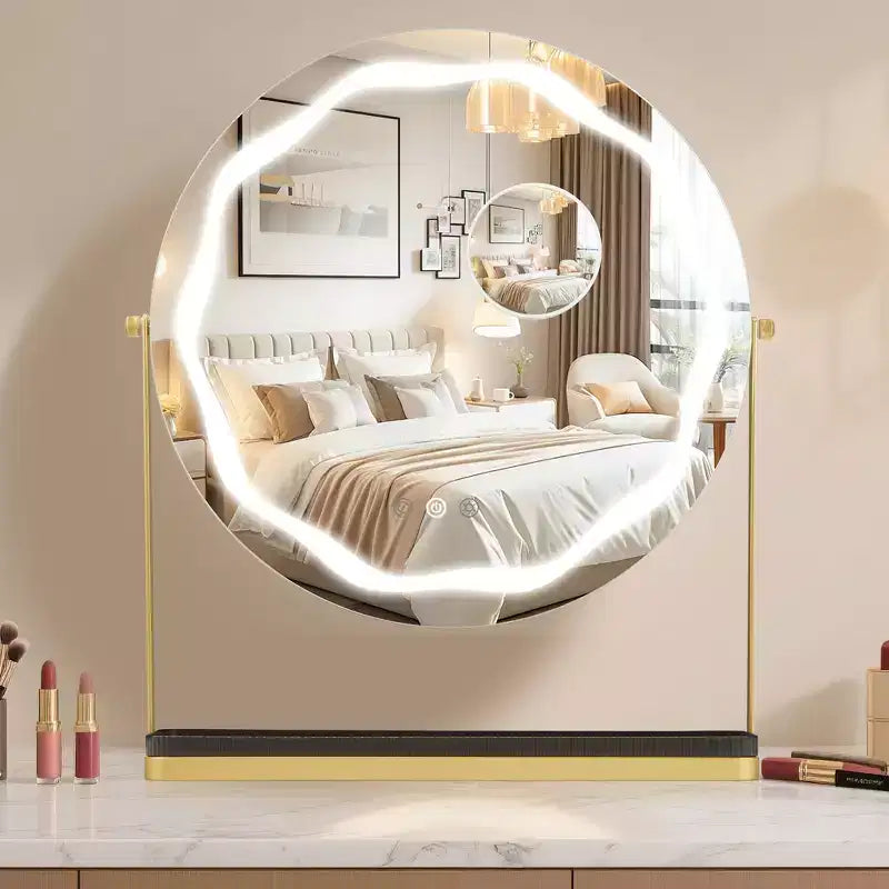 Specchio Trucco con 19 LED, Illuminazione Dimmerabile a 3 Colori, Controllo Smart Touch, Rotazione 360°, Supporto Regolabile e Vano Portaoggetti
