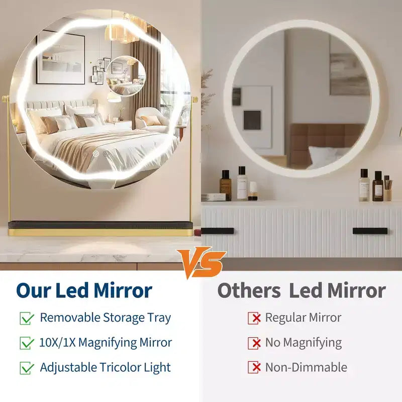 Specchio Trucco con 19 LED, Illuminazione Dimmerabile a 3 Colori, Controllo Smart Touch, Rotazione 360°, Supporto Regolabile e Vano Portaoggetti