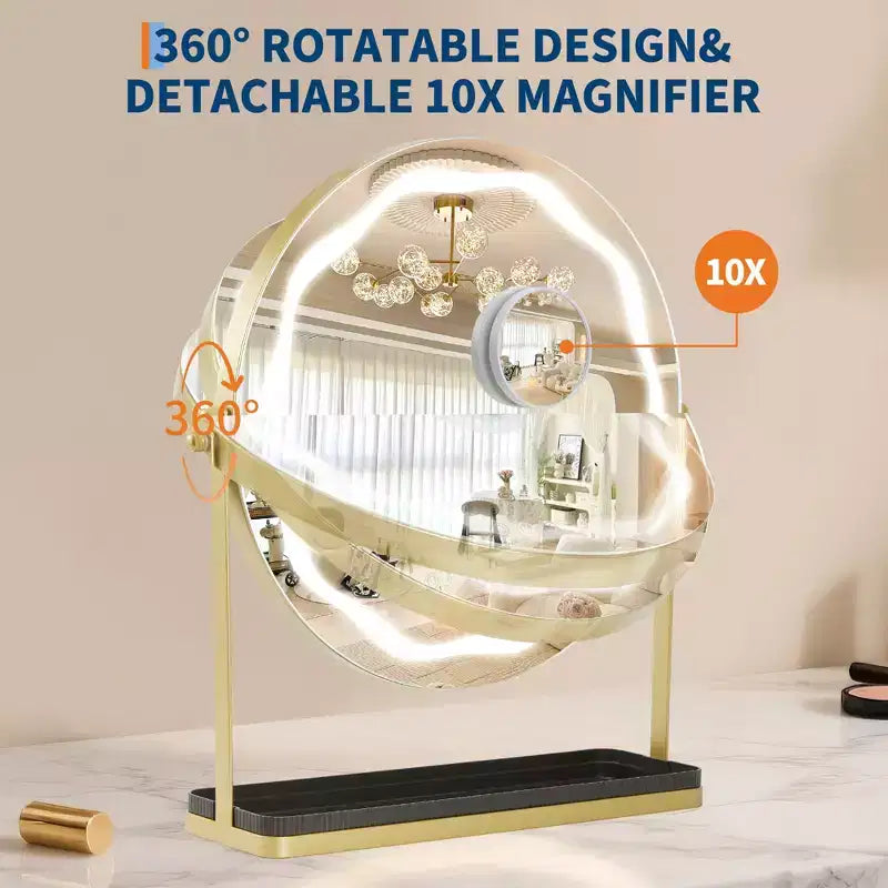 Specchio Trucco con 19 LED, Illuminazione Dimmerabile a 3 Colori, Controllo Smart Touch, Rotazione 360°, Supporto Regolabile e Vano Portaoggetti