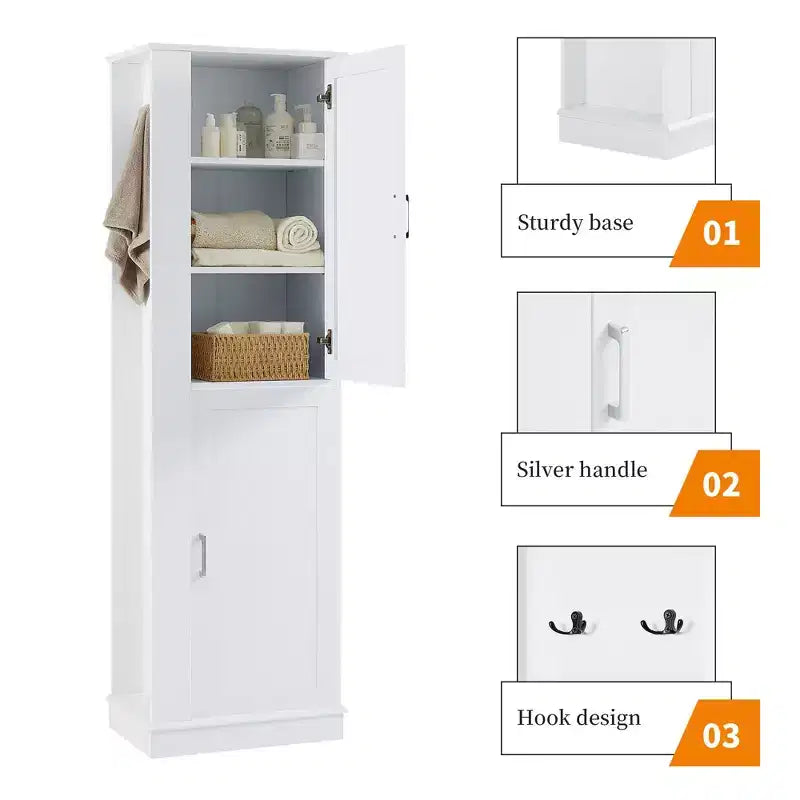 Mobiletto alto da bagno indipendente con gancio e ripiano regolabile in MDF, colore bianco