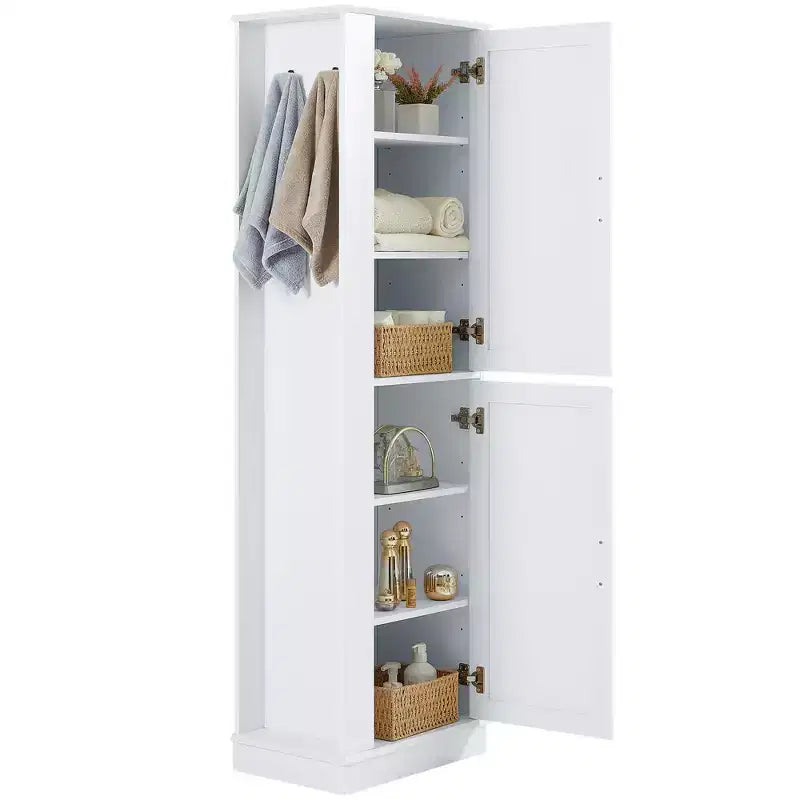 Mobiletto alto da bagno indipendente con gancio e ripiano regolabile in MDF, colore bianco