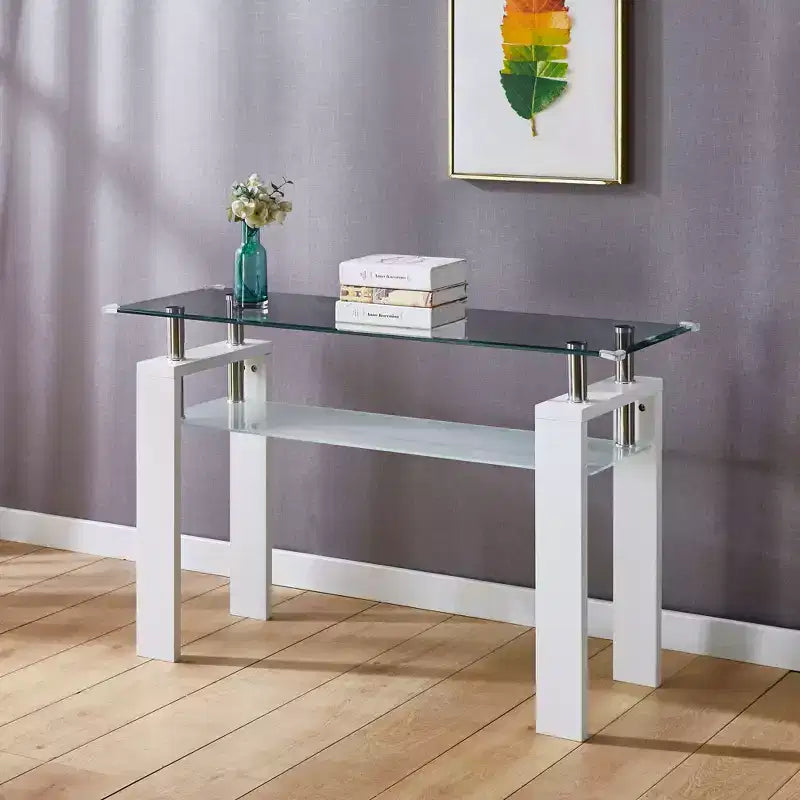 Consolle Moderna con Piano in Vetro Temperato, Tavolo da Ingresso con Ripiano Portaoggetti, Tavolino d'Appoggio per Soggiorno, Corridoio, Ingresso, Bianco