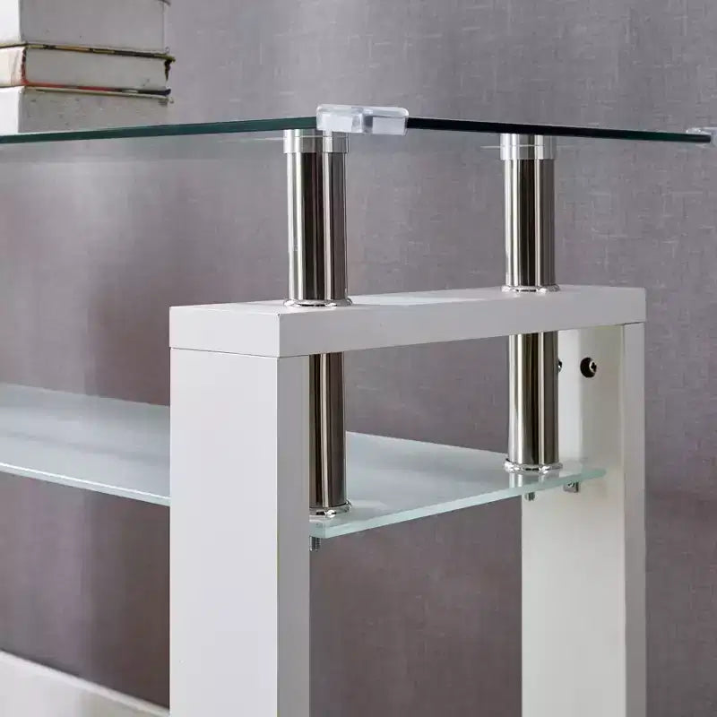Consolle Moderna con Piano in Vetro Temperato, Tavolo da Ingresso con Ripiano Portaoggetti, Tavolino d'Appoggio per Soggiorno, Corridoio, Ingresso, Bianco
