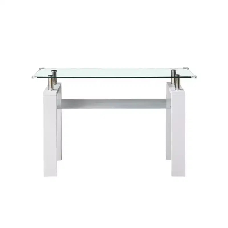 Consolle Moderna con Piano in Vetro Temperato, Tavolo da Ingresso con Ripiano Portaoggetti, Tavolino d'Appoggio per Soggiorno, Corridoio, Ingresso, Bianco