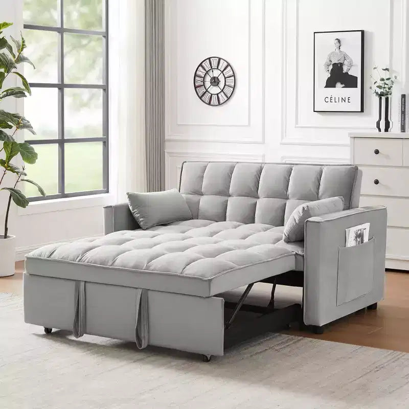 Divano letto futon moderno in velluto con cuscini decorativi e tasche per soggiorno, camera da letto, piccoli spazi, grigio