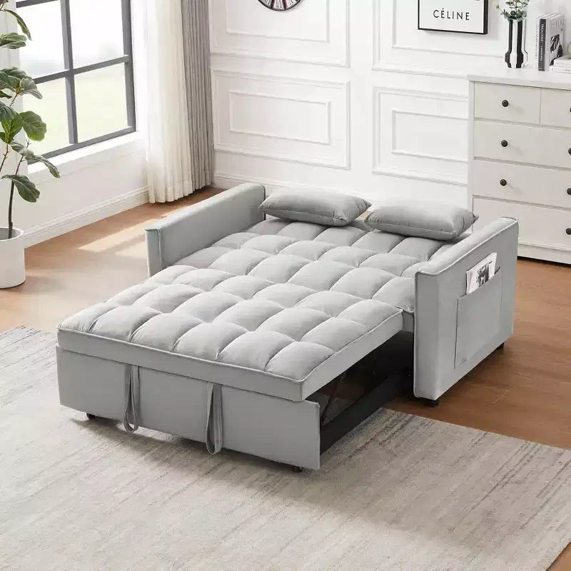 Divano letto futon moderno in velluto con cuscini decorativi e tasche per soggiorno, camera da letto, piccoli spazi, grigio