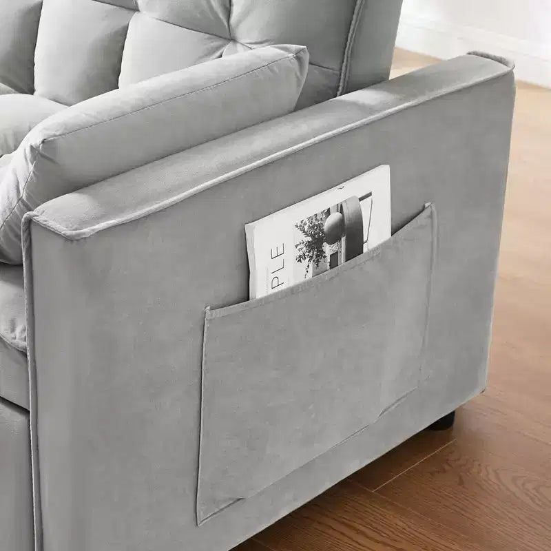 Divano letto futon moderno in velluto con cuscini decorativi e tasche per soggiorno, camera da letto, piccoli spazi, grigio