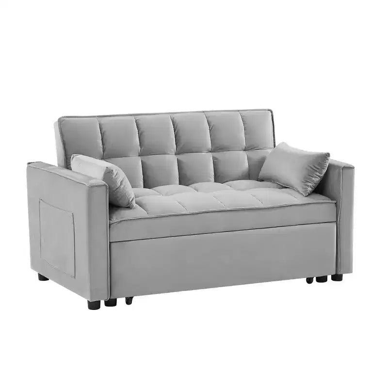 Divano letto futon moderno in velluto con cuscini decorativi e tasche per soggiorno, camera da letto, piccoli spazi, grigio