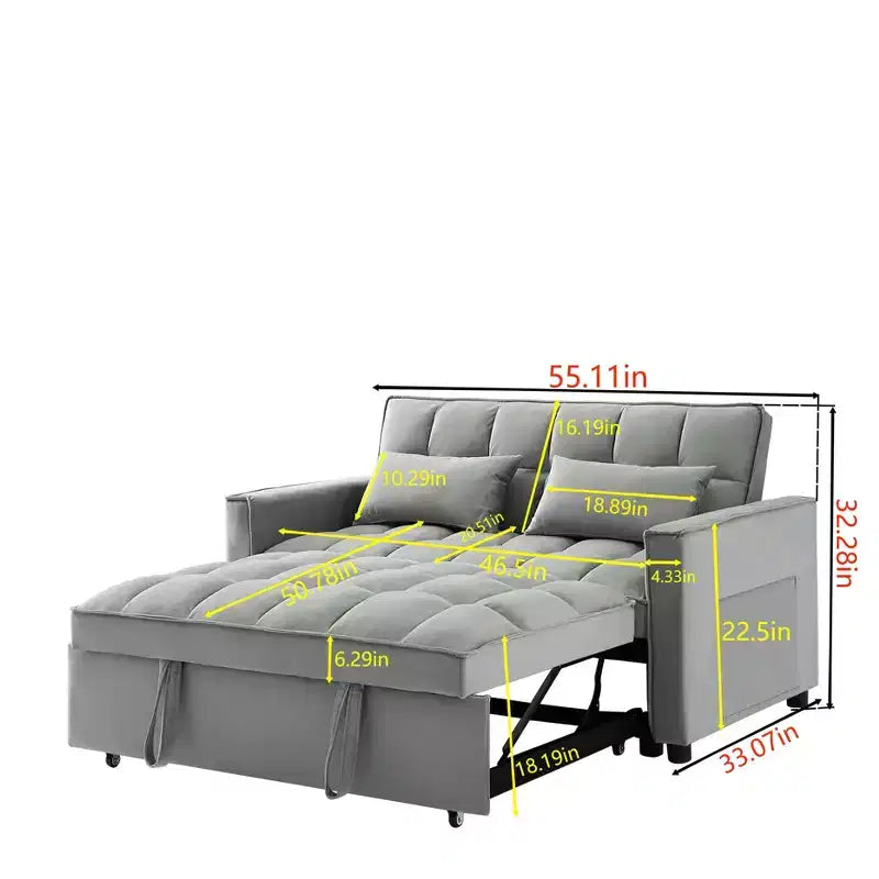 Divano letto futon moderno in velluto con cuscini decorativi e tasche per soggiorno, camera da letto, piccoli spazi, grigio