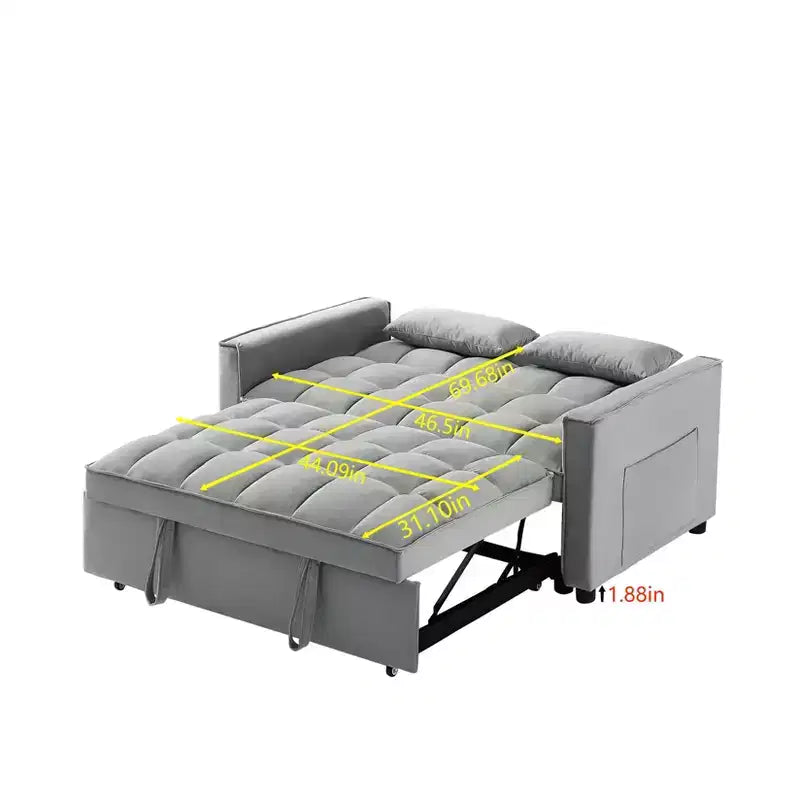 Divano letto futon moderno in velluto con cuscini decorativi e tasche per soggiorno, camera da letto, piccoli spazi, grigio