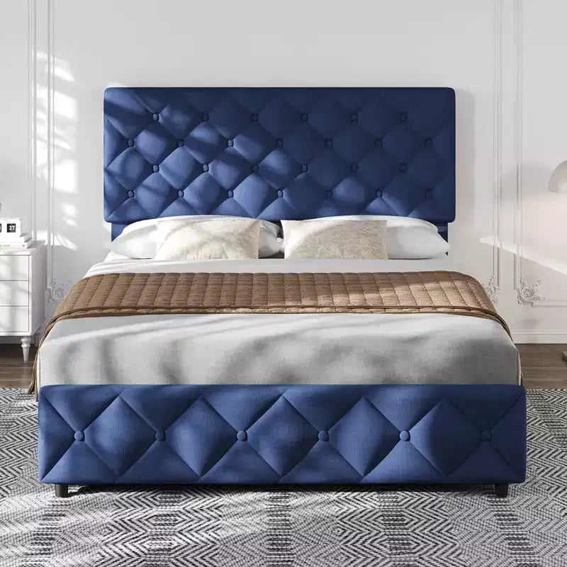 Letto a piattaforma imbottito matrimoniale con 4 cassetti contenitore, testiera regolabile, giroletto contenitore in pelle PU