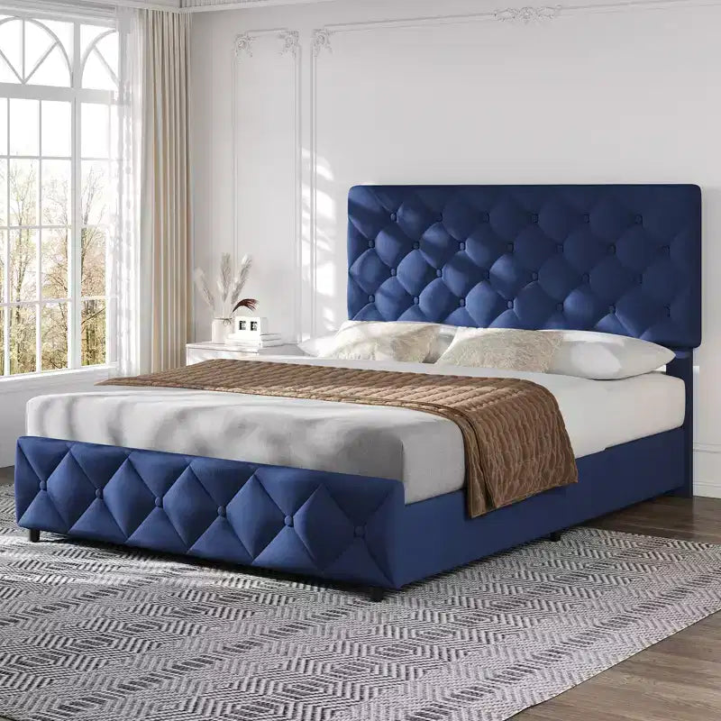 Letto a piattaforma imbottito matrimoniale con 4 cassetti contenitore, testiera regolabile, giroletto contenitore in pelle PU