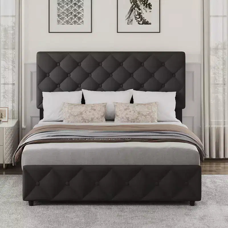 Letto a piattaforma imbottito matrimoniale con 4 cassetti contenitore, testiera regolabile, giroletto contenitore in pelle PU