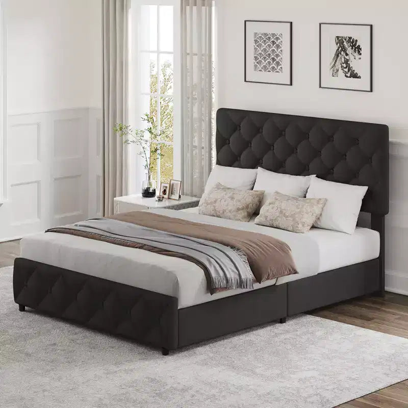 Letto a piattaforma imbottito matrimoniale con 4 cassetti contenitore, testiera regolabile, giroletto contenitore in pelle PU