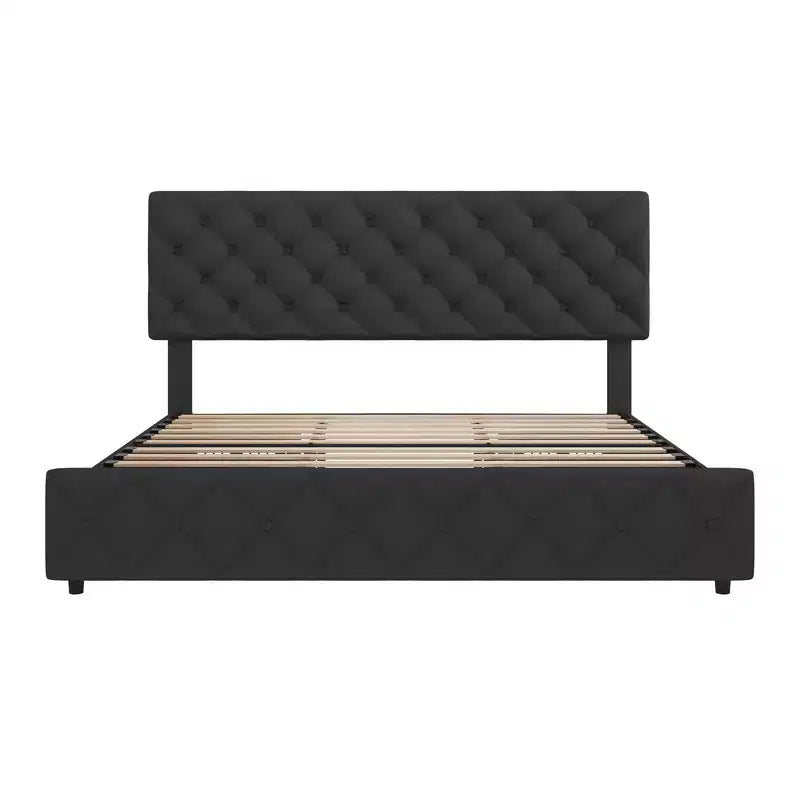 Letto a piattaforma imbottito matrimoniale con 4 cassetti contenitore, testiera regolabile, giroletto contenitore in pelle PU