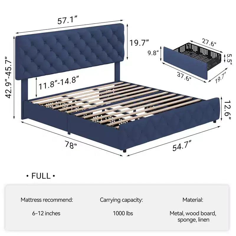 Letto a piattaforma imbottito matrimoniale con 4 cassetti contenitore, testiera regolabile, giroletto contenitore in pelle PU