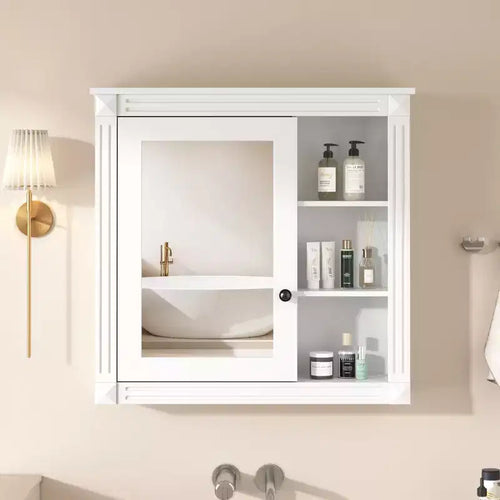 FAMYYT 30 in. W x 28 in. H Rectangular Surface Mount Medicine Cabinet with Mirror, Soft Closing Hinges, Open Storage
