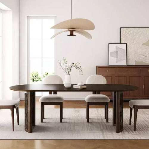 Tavolo da pranzo ovale da 67 pollici per 4-6 persone con piano a bordo arcuato e base in rattan intrecciato, tavolo da cucina moderno stile rustico per soggiorno, sala da pranzo, noce