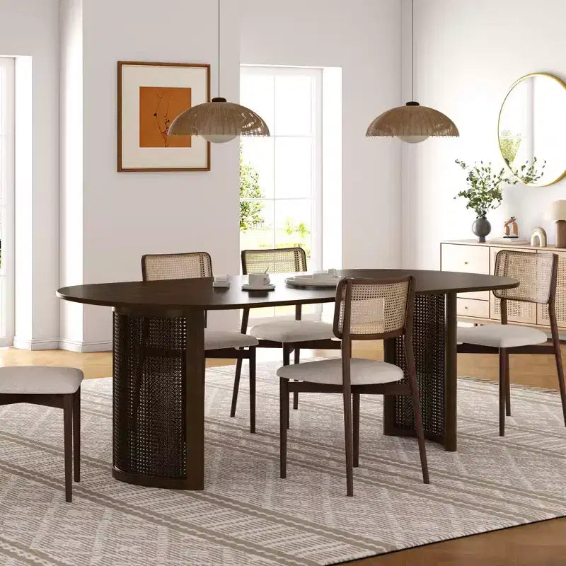 Tavolo da pranzo ovale da 67 pollici per 4-6 persone con piano a bordo arcuato e base in rattan intrecciato, tavolo da cucina moderno stile rustico per soggiorno, sala da pranzo, noce