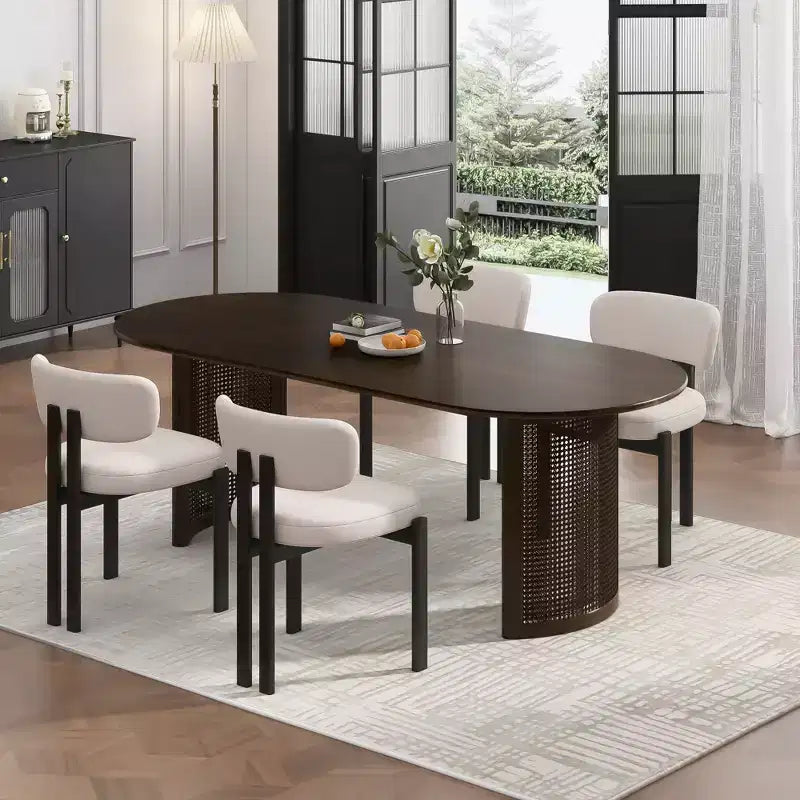 Tavolo da pranzo ovale da 67 pollici per 4-6 persone con piano a bordo arcuato e base in rattan intrecciato, tavolo da cucina moderno stile rustico per soggiorno, sala da pranzo, noce