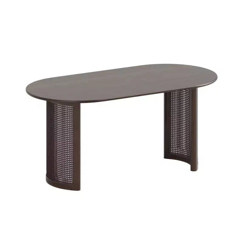 Tavolo da pranzo ovale da 67 pollici per 4-6 persone con piano a bordo arcuato e base in rattan intrecciato, tavolo da cucina moderno stile rustico per soggiorno, sala da pranzo, noce