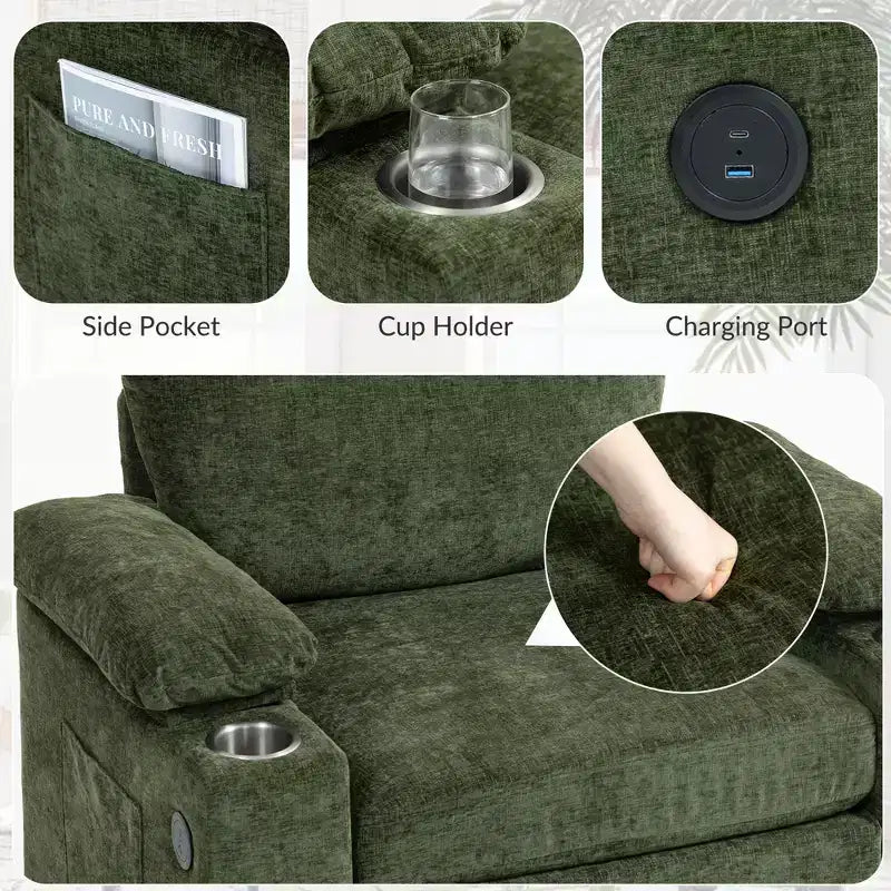 Divano Oversize in ciniglia con pouf portabicchieri e supporto lombare per alleviare il mal di schiena, per soggiorno e ufficio, colore verde