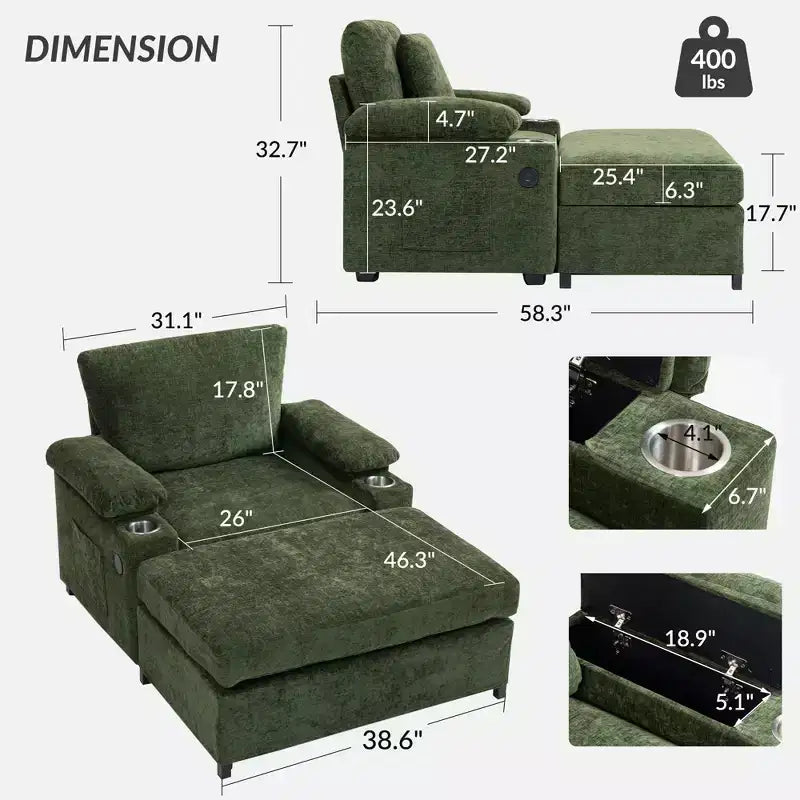 Divano Oversize in ciniglia con pouf portabicchieri e supporto lombare per alleviare il mal di schiena, per soggiorno e ufficio, colore verde