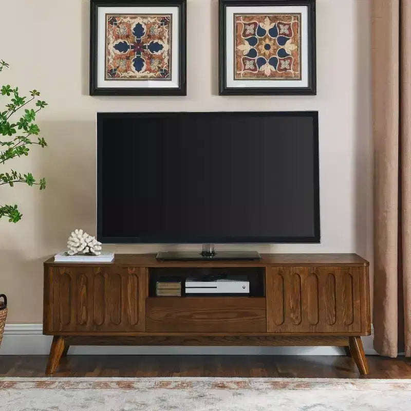 Fluted TV Stand for 50-65 Inch TVs, Mid Century Modern Media Entertainment Center with 2 Door, Drawer & Hard Wood Leg