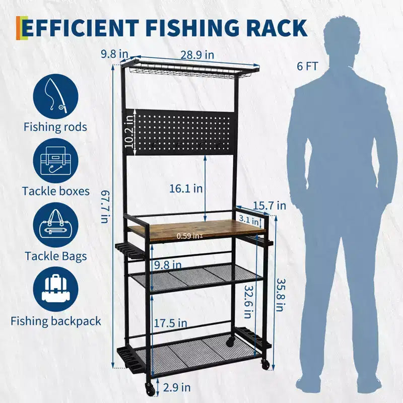 Portacanne da Pesca per Garage, Porta Canne da Pesca per Fino a 12 Canne, Organizzatore per Canne da Pesca in Metallo Resistente con Pannello Forato e Ruote per Attrezzatura da Pesca