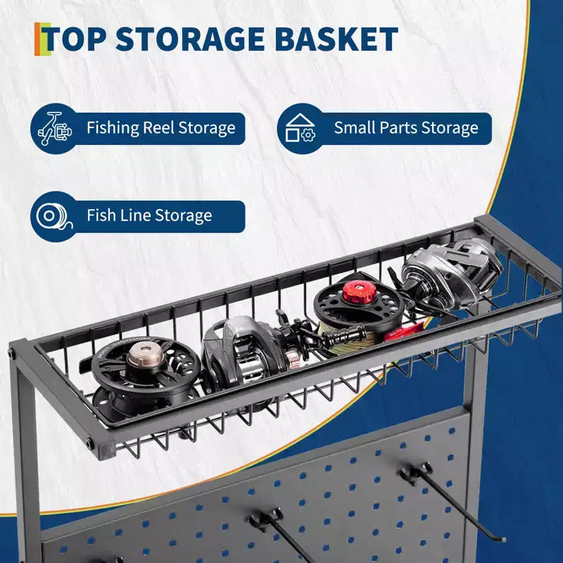 Portacanne da Pesca per Garage, Porta Canne da Pesca per Fino a 12 Canne, Organizzatore per Canne da Pesca in Metallo Resistente con Pannello Forato e Ruote per Attrezzatura da Pesca