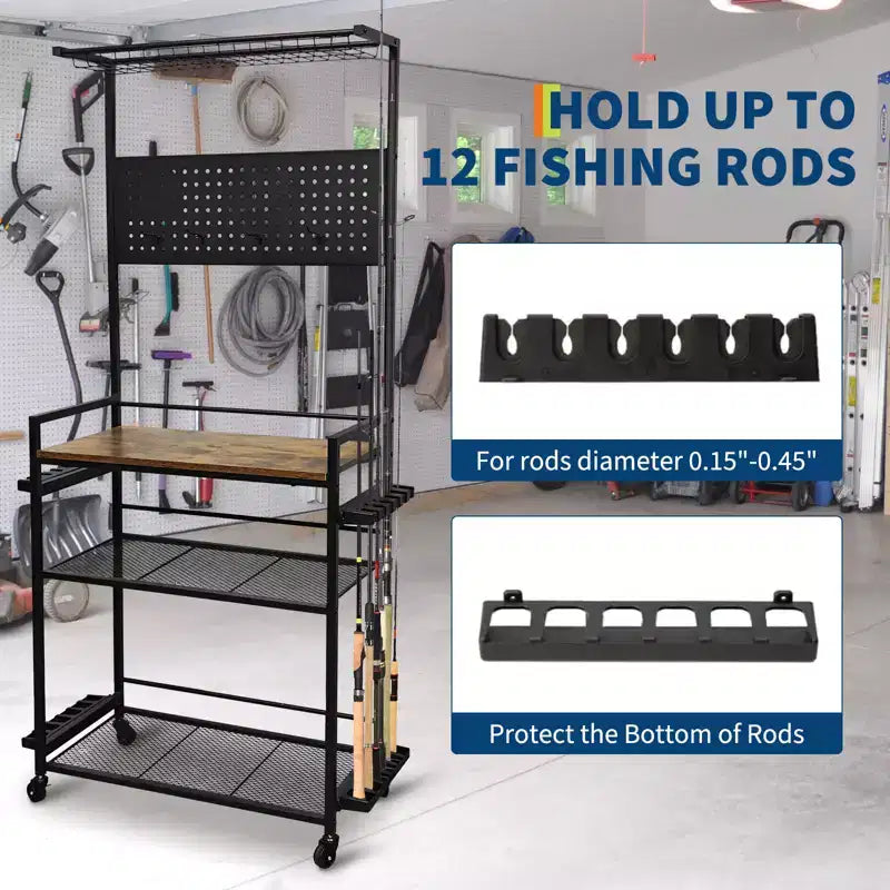 Portacanne da Pesca per Garage, Porta Canne da Pesca per Fino a 12 Canne, Organizzatore per Canne da Pesca in Metallo Resistente con Pannello Forato e Ruote per Attrezzatura da Pesca