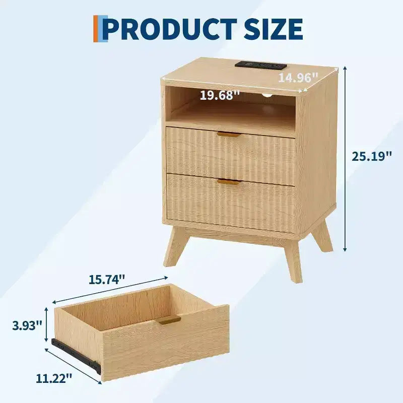 Comodino a giorno ondulato moderno con stazione di ricarica, comodino a 2 cassetti con ripiano aperto, comodino per camera da letto o soggiorno, elegante contenitore