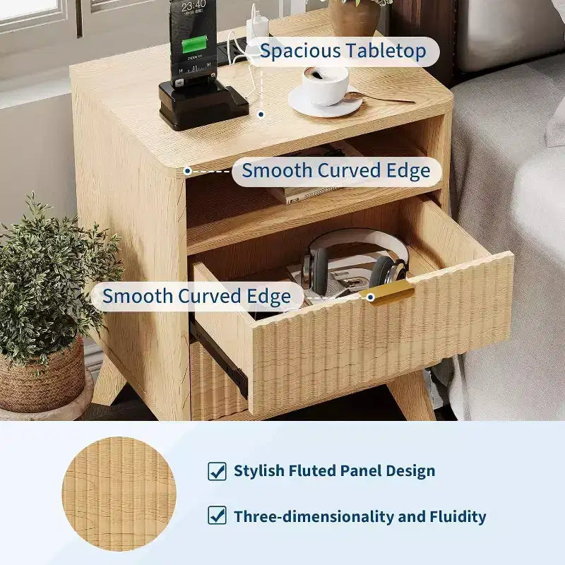 Comodino a giorno ondulato moderno con stazione di ricarica, comodino a 2 cassetti con ripiano aperto, comodino per camera da letto o soggiorno, elegante contenitore