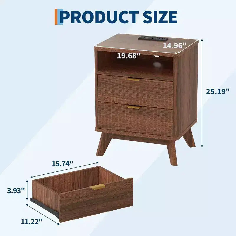 Comodino a giorno ondulato moderno con stazione di ricarica, comodino a 2 cassetti con ripiano aperto, comodino per camera da letto o soggiorno, elegante contenitore