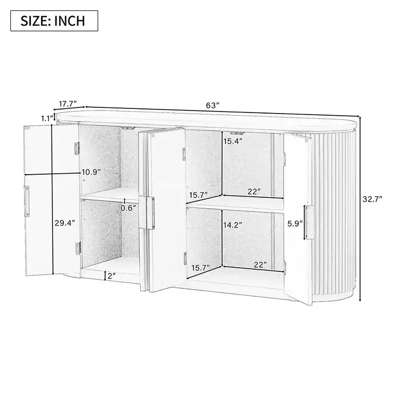 Credenza a strisce verticali con maniglie in metallo e ripiani regolabili per la sala da pranzo, mobile moderno per il soggiorno