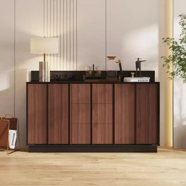 Mobile Credenza Multifunzionale da Cucina con Prese Elettriche a Scomparsa Finitura Nera Lucida e Legno