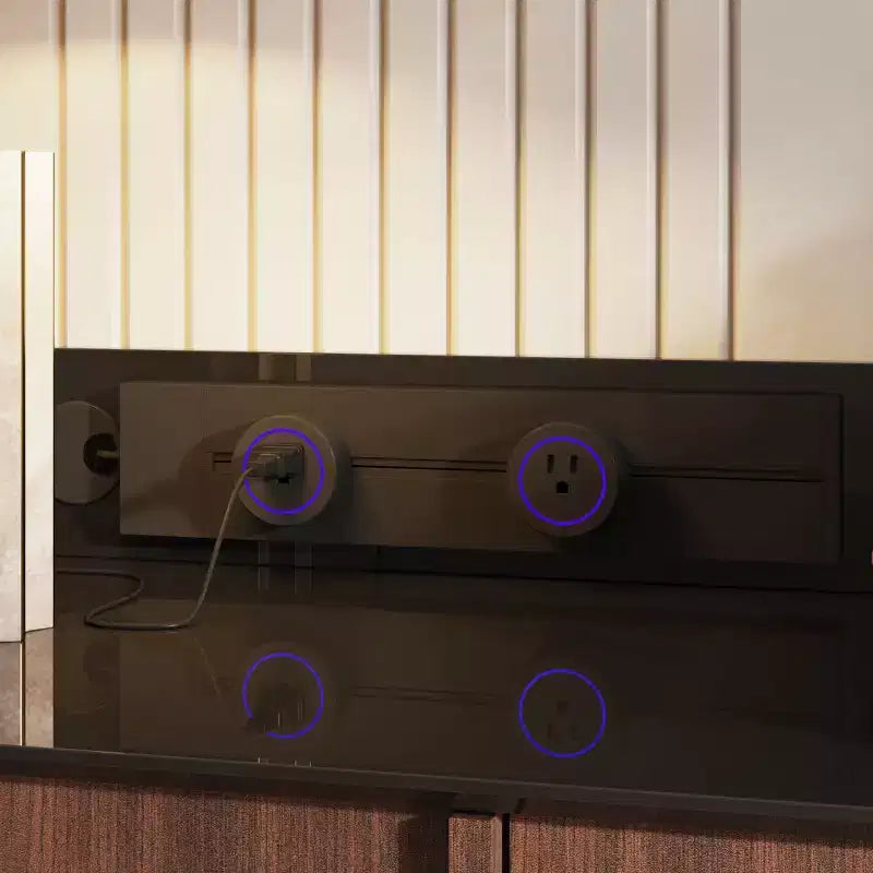 Mobile Credenza Multifunzionale da Cucina con Prese Elettriche a Scomparsa Finitura Nera Lucida e Legno