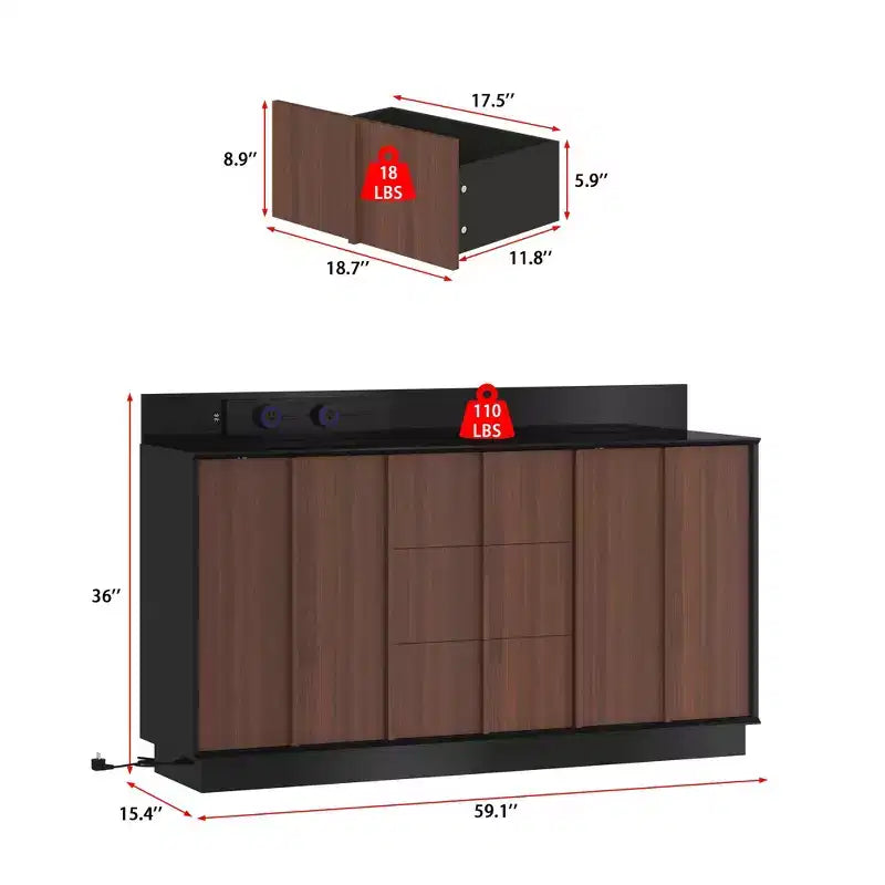 Mobile Credenza Multifunzionale da Cucina con Prese Elettriche a Scomparsa Finitura Nera Lucida e Legno