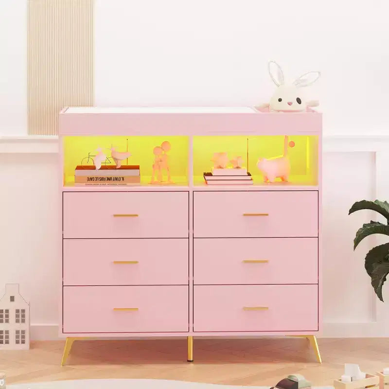 Fasciatoio Comò Cassettiera Comò Multifunzione per Bambini con Luci LED e Presa di Corrente (6 Cassetti + 2 Ripiani)