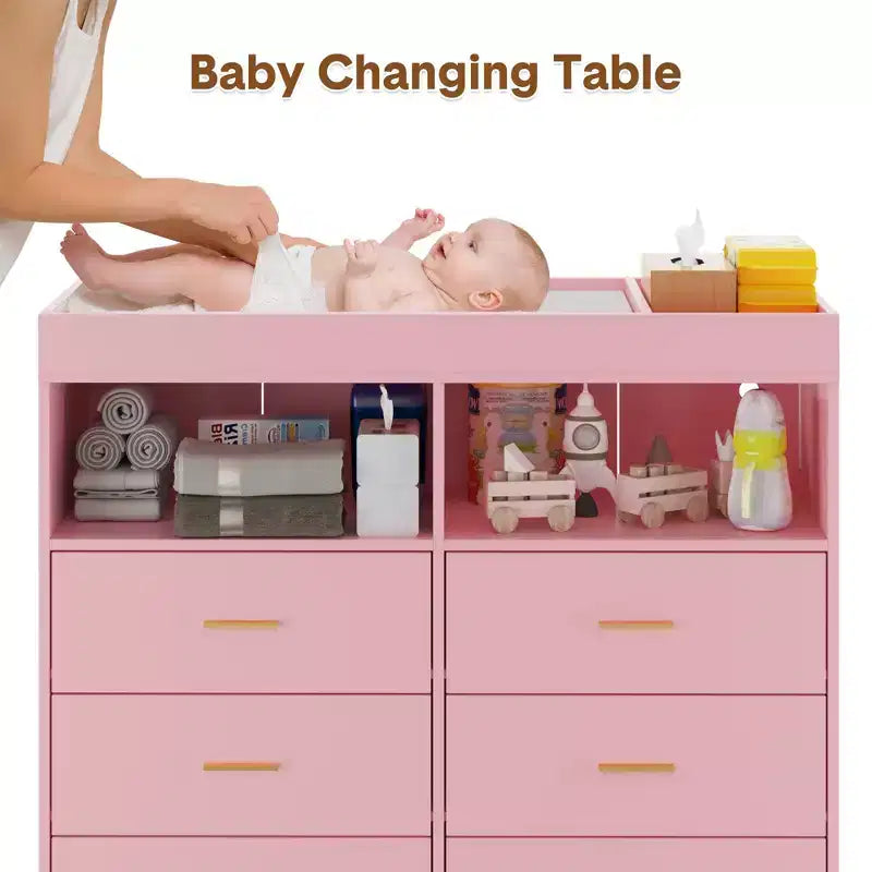 Fasciatoio Comò Cassettiera Comò Multifunzione per Bambini con Luci LED e Presa di Corrente (6 Cassetti + 2 Ripiani)