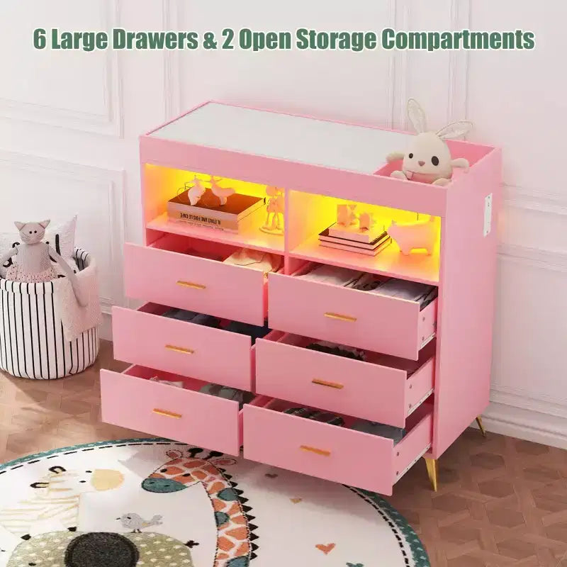 Fasciatoio Comò Cassettiera Comò Multifunzione per Bambini con Luci LED e Presa di Corrente (6 Cassetti + 2 Ripiani)