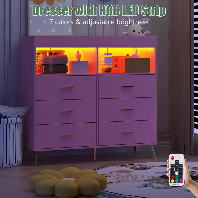 Fasciatoio Comò Cassettiera Comò Multifunzione per Bambini con Luci LED e Presa di Corrente (6 Cassetti + 2 Ripiani)