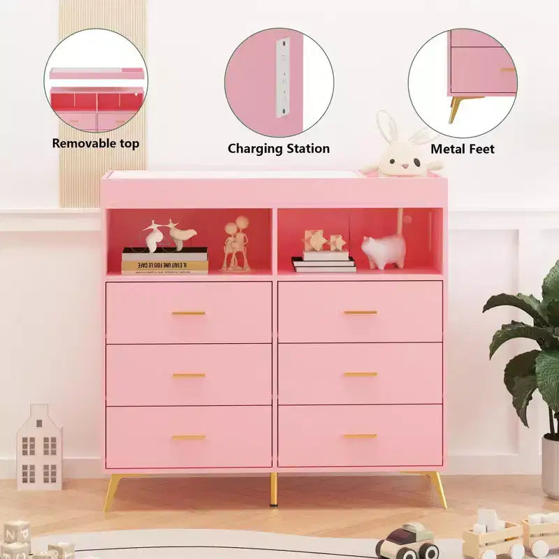 Fasciatoio Comò Cassettiera Comò Multifunzione per Bambini con Luci LED e Presa di Corrente (6 Cassetti + 2 Ripiani)