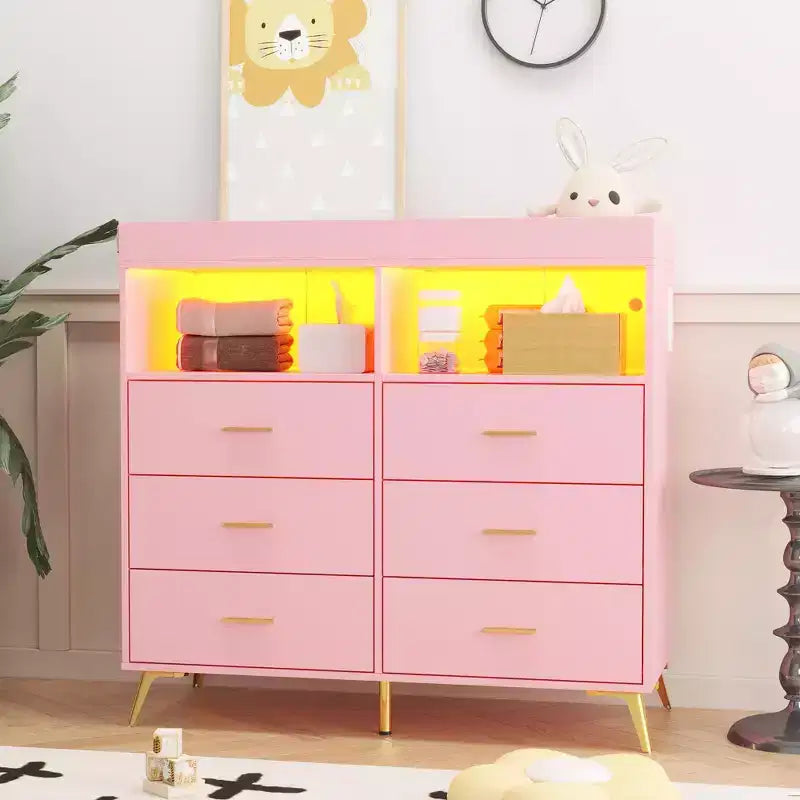 Fasciatoio Comò Cassettiera Comò Multifunzione per Bambini con Luci LED e Presa di Corrente (6 Cassetti + 2 Ripiani)