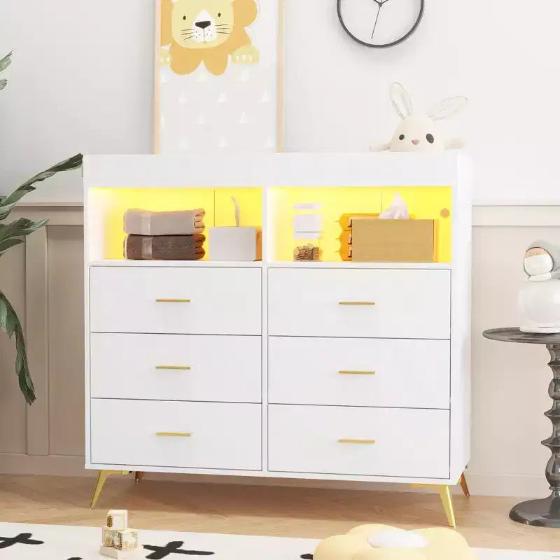 Fasciatoio Comò Cassettiera Comò Multifunzione per Bambini con Luci LED e Presa di Corrente (6 Cassetti + 2 Ripiani)