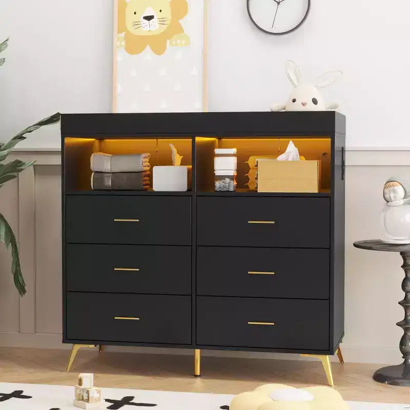 Fasciatoio Comò Cassettiera Comò Multifunzione per Bambini con Luci LED e Presa di Corrente (6 Cassetti + 2 Ripiani)