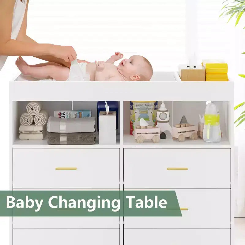 Fasciatoio Comò Cassettiera Comò Multifunzione per Bambini con Luci LED e Presa di Corrente (6 Cassetti + 2 Ripiani)