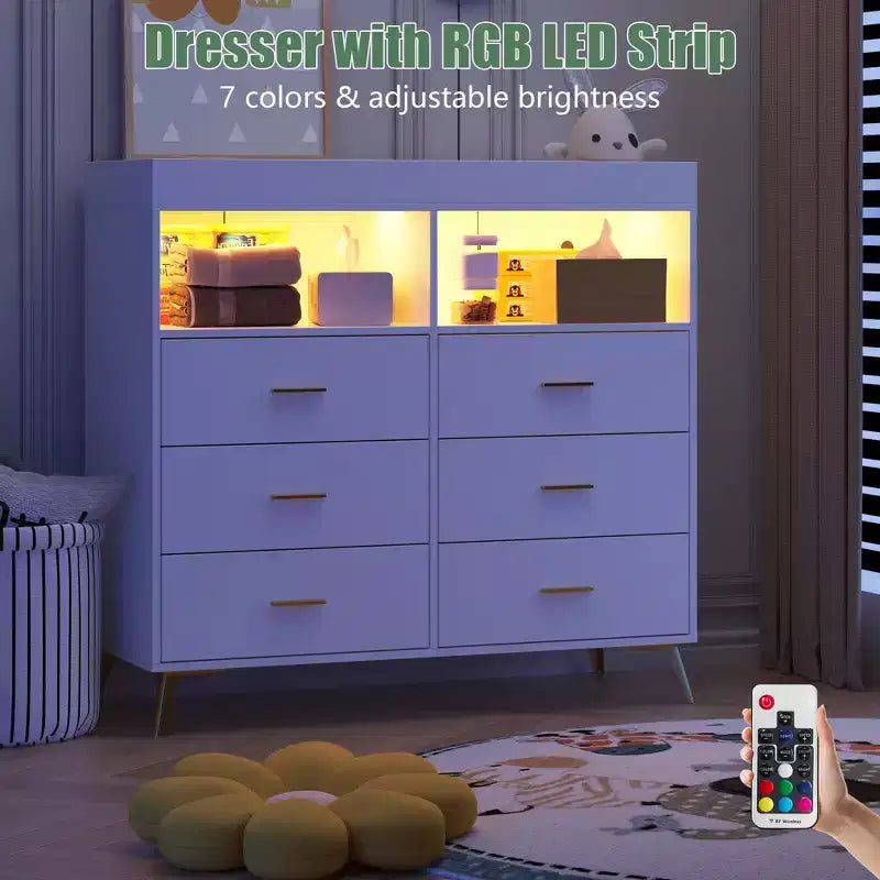 Fasciatoio Comò Cassettiera Comò Multifunzione per Bambini con Luci LED e Presa di Corrente (6 Cassetti + 2 Ripiani)