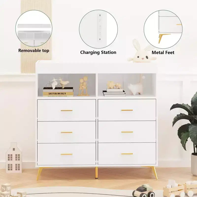 Fasciatoio Comò Cassettiera Comò Multifunzione per Bambini con Luci LED e Presa di Corrente (6 Cassetti + 2 Ripiani)
