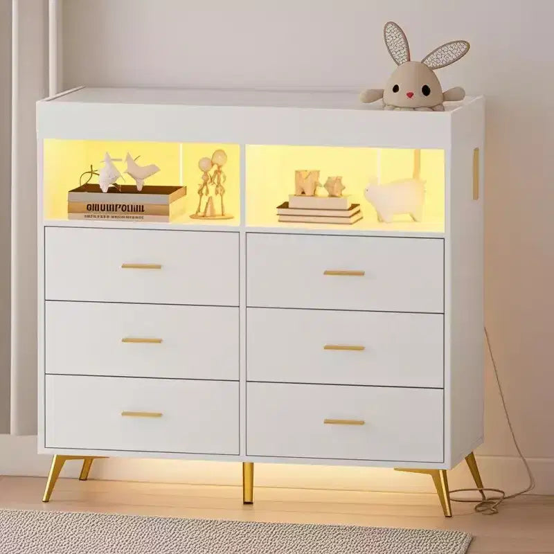 Fasciatoio Comò Cassettiera Comò Multifunzione per Bambini con Luci LED e Presa di Corrente (6 Cassetti + 2 Ripiani)